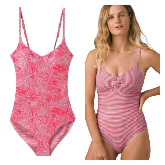 prAna Women’s Jess One-Piece Swimsuit Tropical Pink Teal Strappy stripes medium - Picture 1 of 13